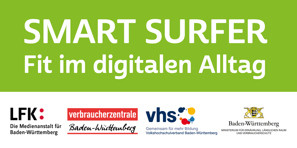 Logo Smart Surfer mit weißer Schrift auf hellgrünem Grund, darunter die Logos der beteiligten Projektpartner auf weißem Grund