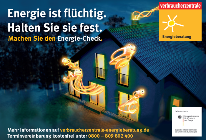 Werbeplakat zum Energieberatungsangebot des Verbraucherzentrale Bundesverbands e. V.​, das ein Haus bei Nacht zeigt, aus dessen beleuchteten Fenstern und Türen kleine gelbe 