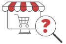 Logo Fakeshop-Finder: stilisierter Bildschirm mit rot-weiß gestreifter Markise, einem Einkaufswagen auf dem Bildschirm und  einer Lupe mit einem roten Fragezeichen darinnen