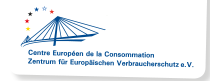 Logo des Zentrums für Europäischen Verbraucherschutz e. V. mit blauer Schrift und stilisierter Rheinbrücke mit halbkreisförmig angeordneten  bunten Sternen