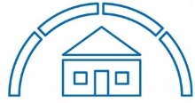 Logo Verbraucherschule mit blauem Häuschen und vier tunnelartig überwölbende Elemente  auf weißem Grund
