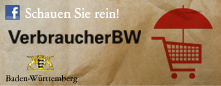Banner VerbraucherBW mit rotem Einkaufswagen mit Schirm auf paketbraunem Hintergrund inklusive Schriftzug ein weiß und scharz: Schauen Sie rein!