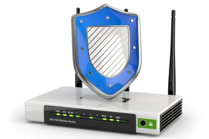 Weißer Router mit grün leuchtenden LEDs und 3 schwarzen Antennen, darüber ein stilisiertes Schutzschild Weißer Router mit grün leuchtenden LEDs und 3 schwarzen Antennen, darüber ein stilisiertes Schutzschild