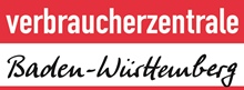 Logo der Verbraucherzentrale Baden-Württemberg mit weißer und schwarzem SChriftzug vor rot-weiß quergestreiftem Hintergrund