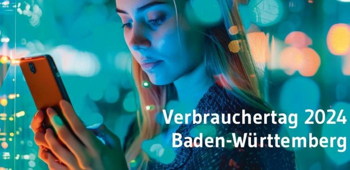 Motiv des Verbrauchertags 2024; Eine junge Frau schaut auf ein digitales Endgerät, farblich verfremdet mit Lichteffekten